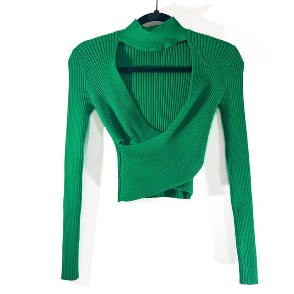 ZARA Green Ribbed Knit Cut-Out Mock Neck Sweater Crop Top Wrap Front Size S - Picture 2 of 8